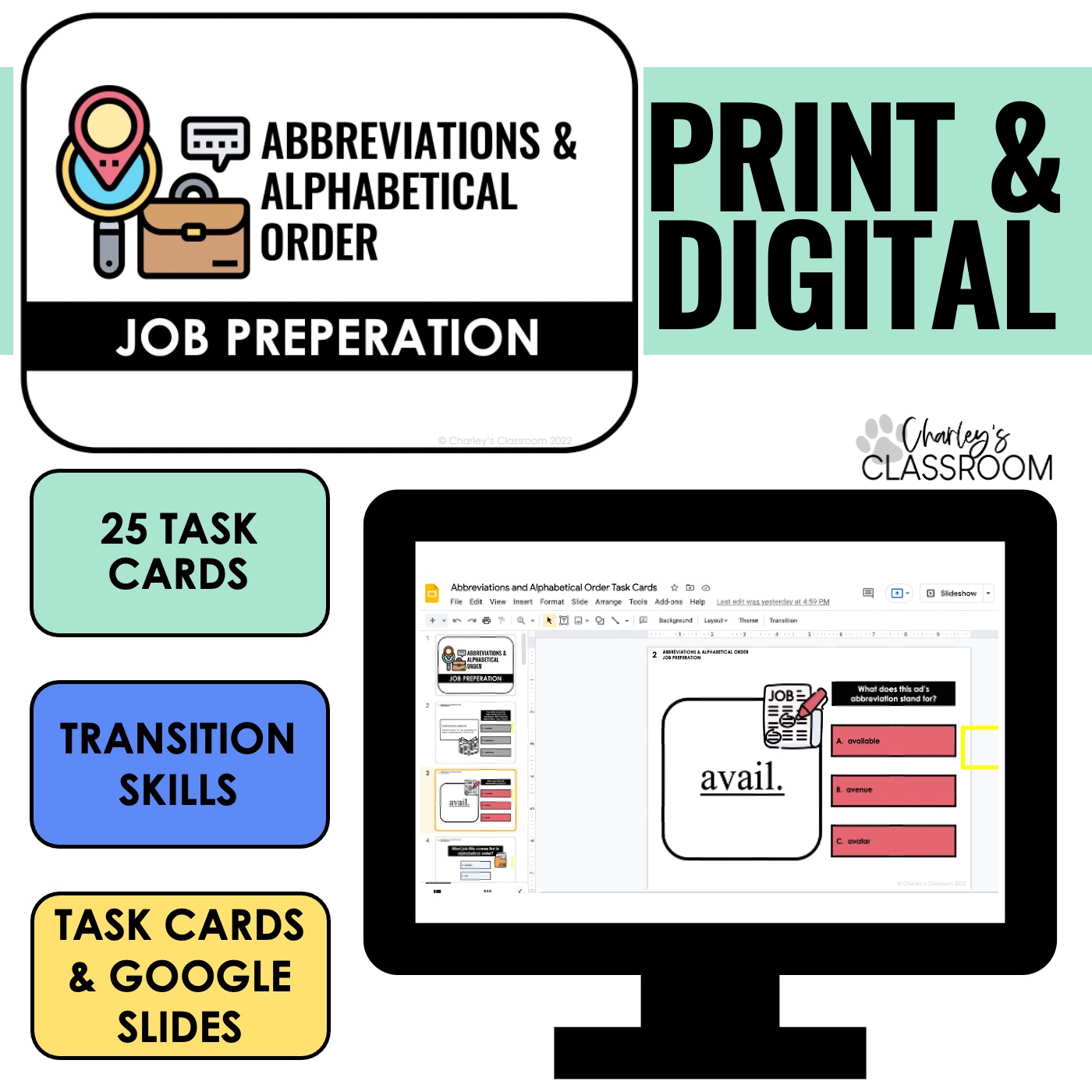 Abbreviations and Alphabetical Order Job Preparation | Task Cards