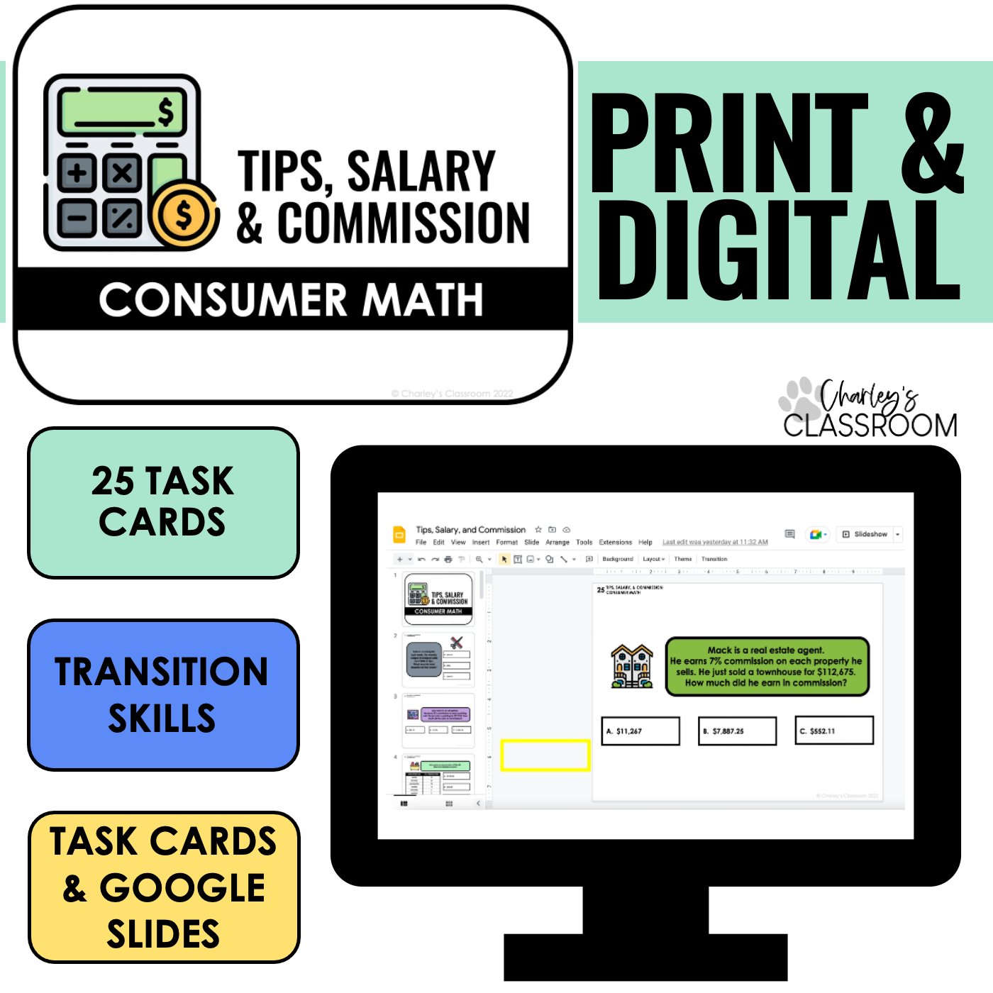 Tips, Salary, & Commission Consumer Math Task Cards | Digital Included