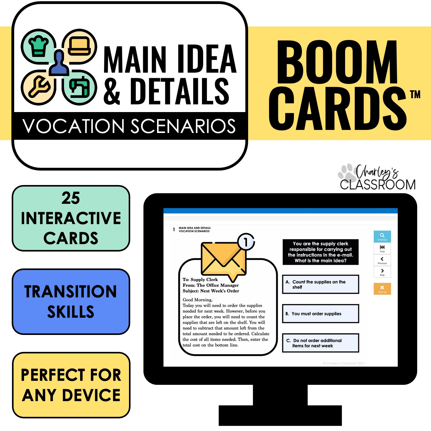 Main Idea and Details Vocation Scenarios | BOOM Cards™