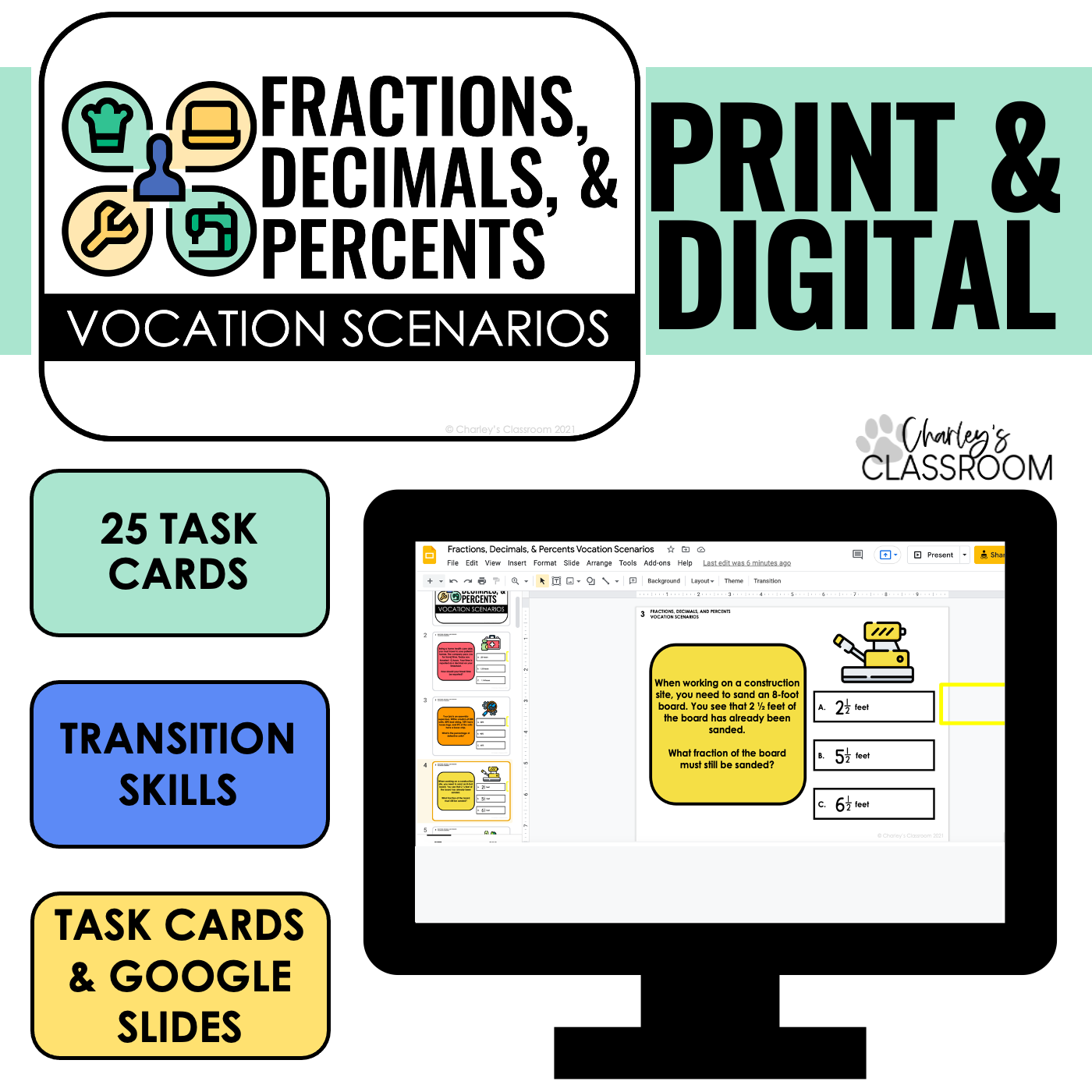 Fraction Decimal & Percent Vocation Scenario Task Cards | Digital Included