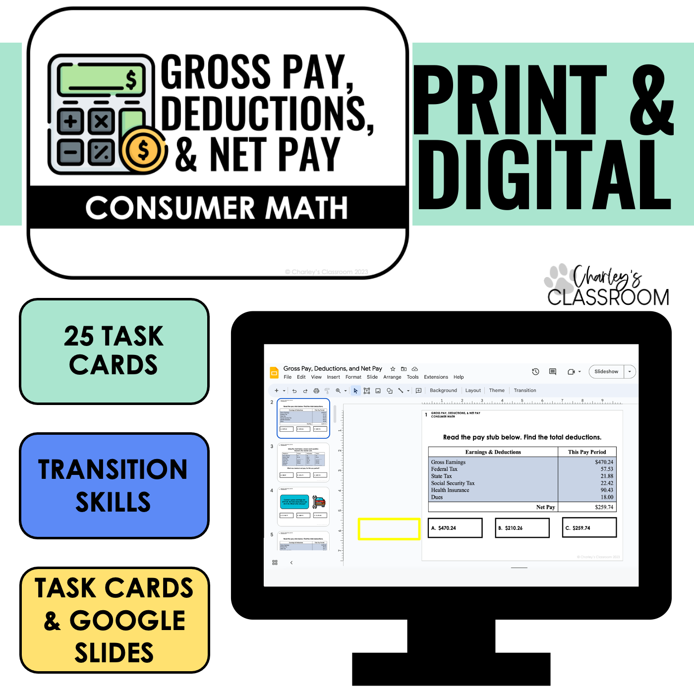 Gross Pay, Deductions, and Net Pay Task Cards | Digital Included
