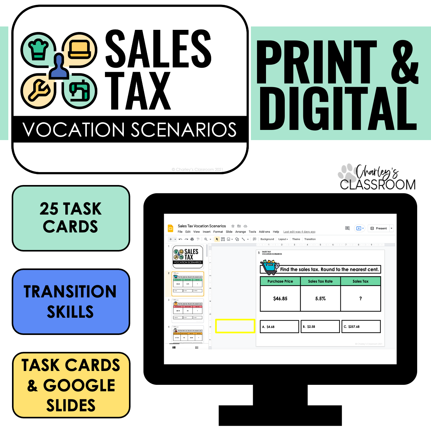 Sales Tax Vocation Scenario Task Cards I Digital Included