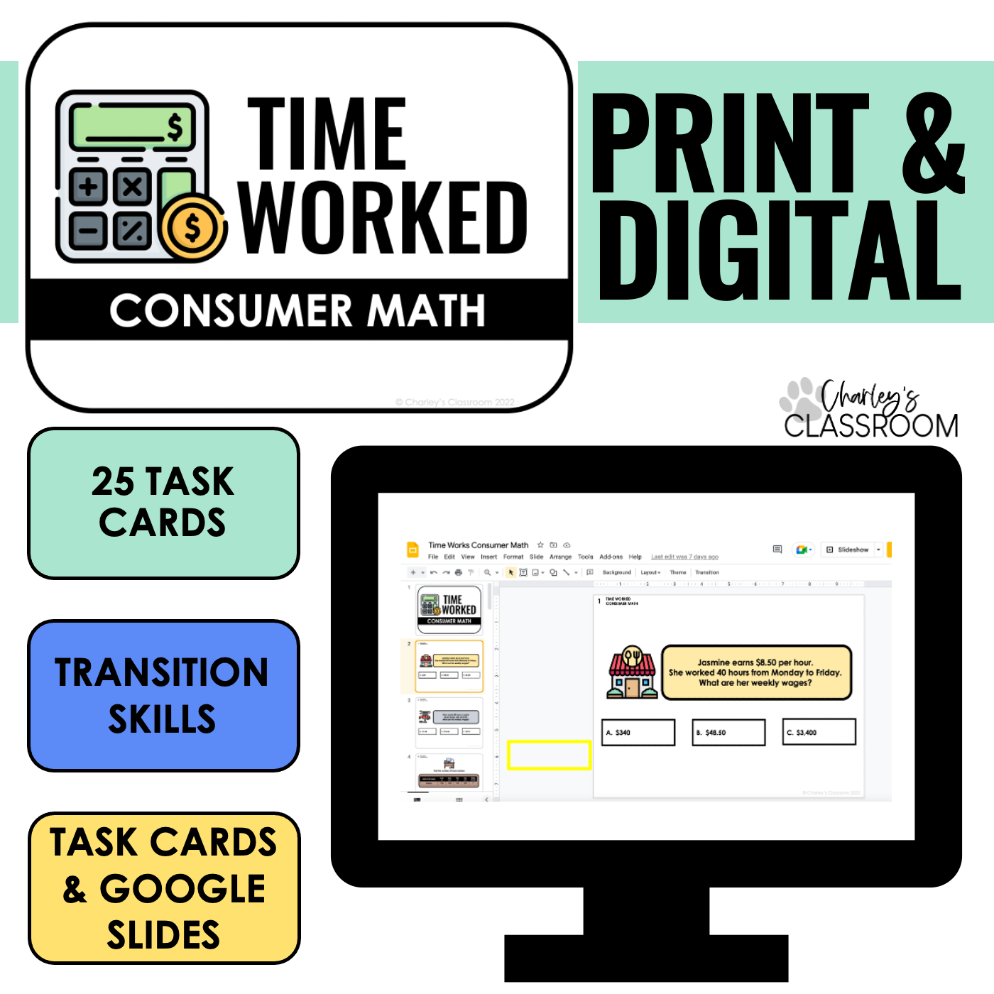 Time Worked Consumer Math Task Cards | Digital Included