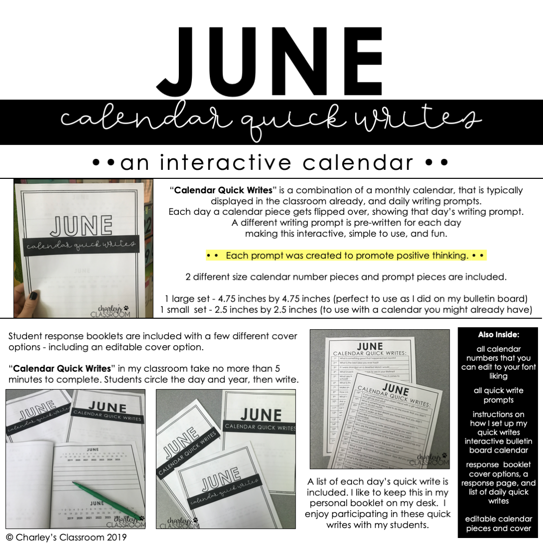Calendar Quick Writes (June) | An Interactive Writing Calendar ...