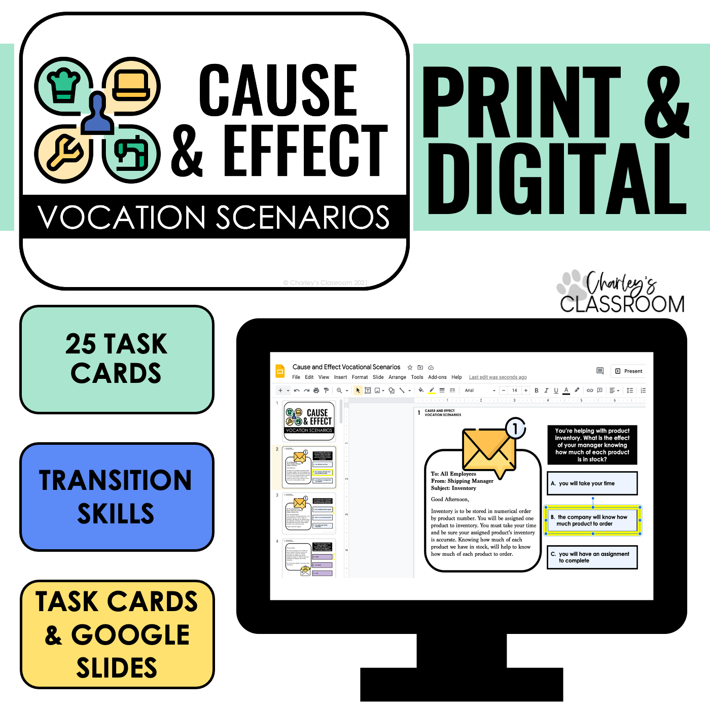 Cause and Effect Vocation Scenario Task Cards | Digital Version Included